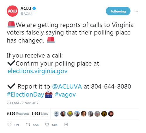SourceWe are getting reports of calls to Virginia voters falsely saying that their polling place has