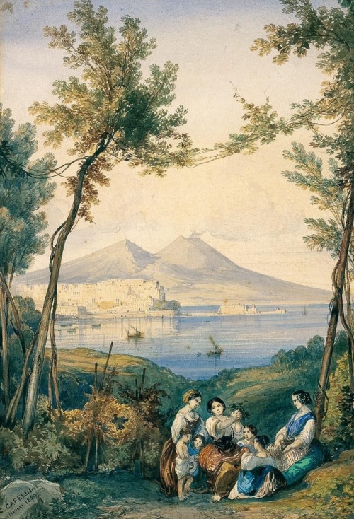 Gonsalvo Carelli  (1818- 1900)Popolane e bambini in un bosco con il Vesuvio in lontananza