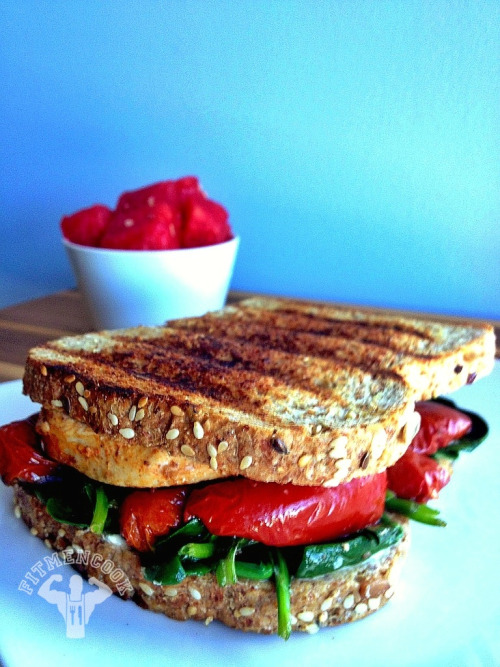#Lunch: Grilled chicken, wilted spinach and sundried tomato panini with , goat cheese, watermelon sl