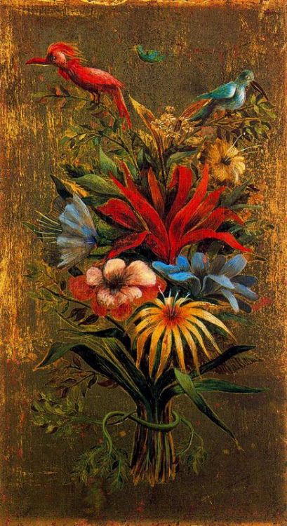 artist-varo:Floral bouquet with birds, 1960, Remedios Varo