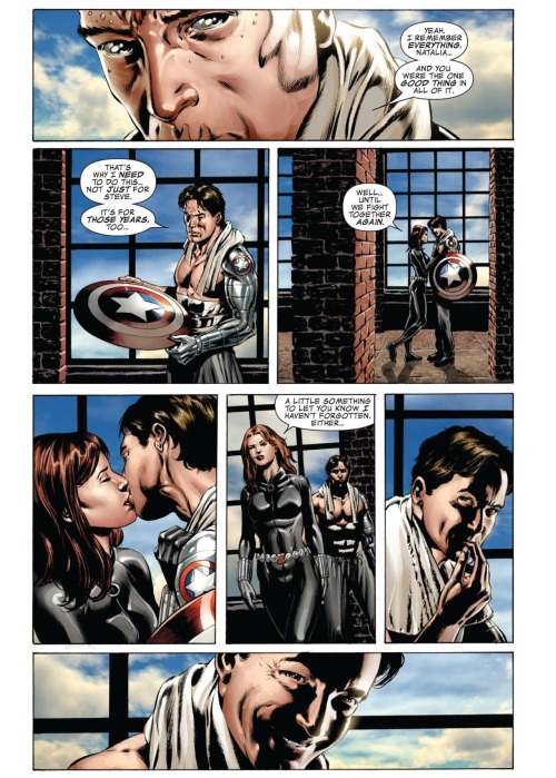 Bucky grinning like a little shit; as if Natasha kissing him is the same as him getting away with so