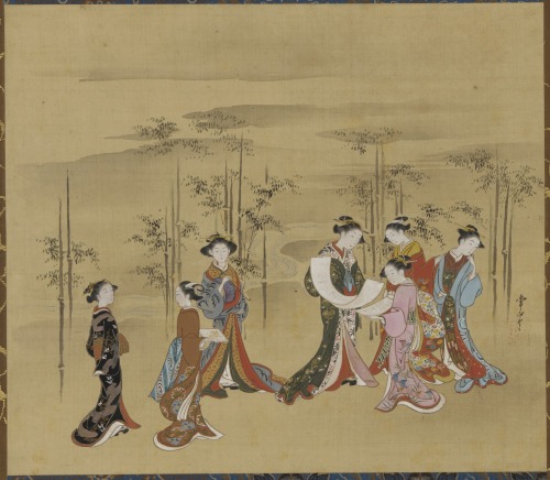Seven young women in a bamboo grove by Kawamata Tsunemasa , active from the Genbun (1736–41) to perh