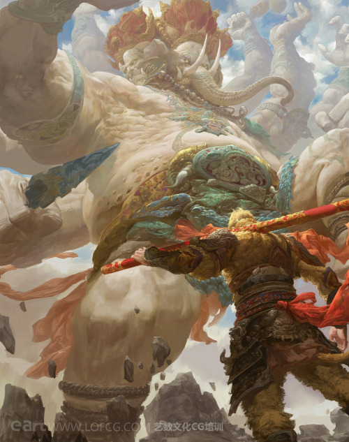 thetenk:  domuan:  Oooohh… I love Budha/Hindu/Chinese heavily influenced scene of battle just like images above by Fenghua Zhong.  damn this guy pulls off scale well 