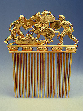 yeaverily:  Gold comb with Scythians in battle, excavated at Solokha Barrow, Ukraine, 5th-4th centur