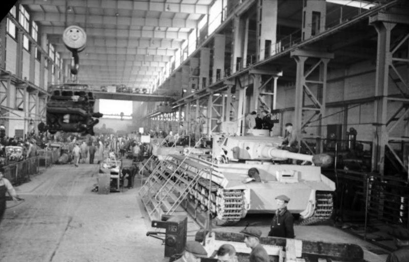 thebeautyandthehorror:  PzKpfw VI Tiger I heavy tanks being built in a factory in