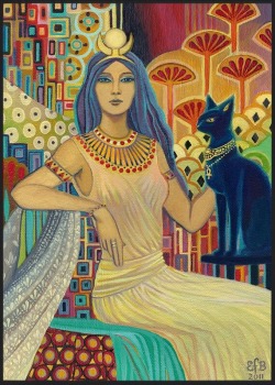 livingdeadgirl75:  Other Names: Bastet, Ailuros Patron of: the sun (originally), the moon (after the Greeks), cats, women, and secrets. Appearance: A desert cat, or a woman with the head of a cat (this form possibly dates after the domestication of the