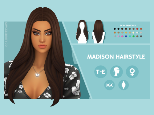 Madison & Gia HairstylesMaxis Match HairstyleAvailable for Teens-Elders24 EA swatchesHat compati