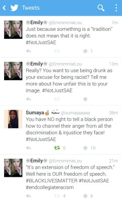 crystalyeezus:In which Emi has finally hit her maximum bullshit capacity and has joined in on the #NotJustSAE twitter tag. If you don’t believe that collegiate racism is real, ESPECIALLY in the Greek community, I suggest you get your head out of your