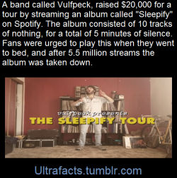 ultrafacts:  Sleepify was nothing more than a little over five minutes of complete silence, a fact the band wasn’t trying to hide. The album is ten tracks long, with each song last just over 30 seconds. Spotify only pays royalties if a stream of a certain