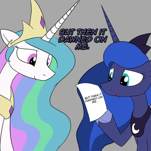 askpun:  I try to help the princess of the night catch up on the humor of today. Her delivery still leaves much to be desired. Artwork by LoCeriScript #497  D'aww, Luna you so adorbs :3