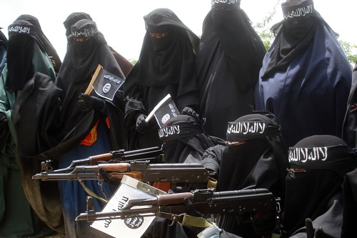 Somali women members of Al-Shabaab, during a demonstration in Mogadishu, on July 5, 2010.&g