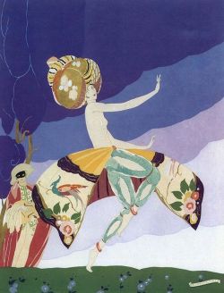 mote-historie: Art Deco pochoir   print   by Umberto Brunelleschi, Danseuse Orientale, 1925.