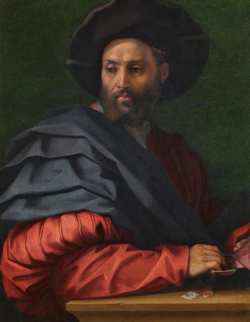 hadrian6:  Portrait of a man (Ottaviano de’ Medici?) wearing a large hat, with a box of wax seals resting on a ledge before him.  Andrea del Sarto. Italian 1486-1530. oil/canvas. Sotheby’s Jan. 2022.     http://hadrian6.tumblr.com