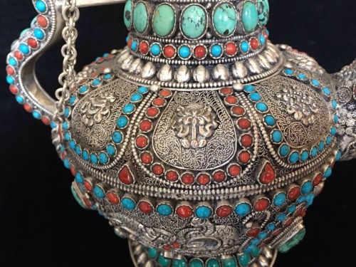 Masterpiece Nepalese Pure Silver Dragon Teapot with Gem Inlay of Lapis, Coral &amp; Turquoise Fo