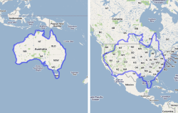 mapsontheweb:  Australia Compared to the Continental United States of America.More size comparison maps &gt;&gt;