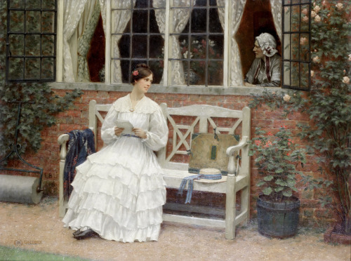 The Latest News (1920). Edmund Blair Leighton (British, 1853-1922). Oil on canvas.The house depicted