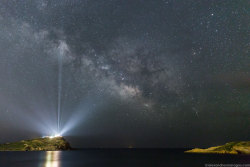 just–space:  The Milky Way over the Temple of Poseidon     : What’s that glowing in the distance? Although it may look like a lighthouse, the rays of light near the horizon actually emanate from the Temple of Poseidon at Cape Sounion, Greece. Some