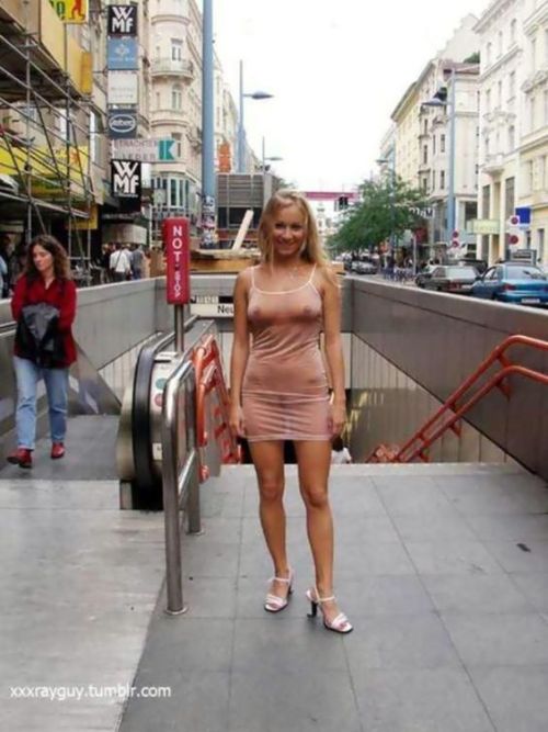 carelessnaked: Almost nude in a transparent dress in a public place