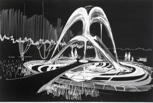 Jean-Paul Mousseau, psychedelic fountains. Renderings for Y'67 Expo Montreal 1967, Canada. Black ink