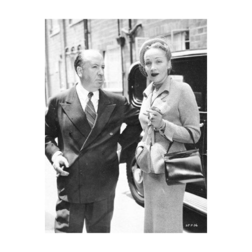 Alfred Hitchcock and Marlene Dietrich on the set of Stage Fright in 1950.