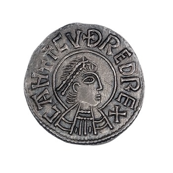 artofthedarkages:An Jutish penny with a bust of King Cuthred of Kent modeled on Late Roman portraitu