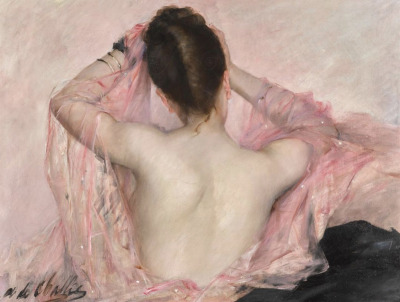 charlottearthistory:‘beauty with pink veil’ - jean laurent-challié (1858-1904)jean laurent-challié was one of the first female artists to work in a studio, and her series of paintings explored the beauty of women through the female gaze.