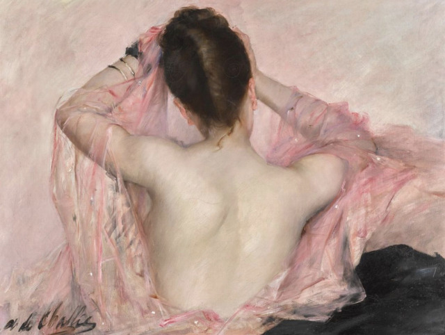 charlottearthistory:‘beauty with pink veil’ - jean laurent-challié (1858-1904)jean laurent-challié was one of the first female artists to work in a studio, and her series of paintings explored the beauty of women through the female gaze.