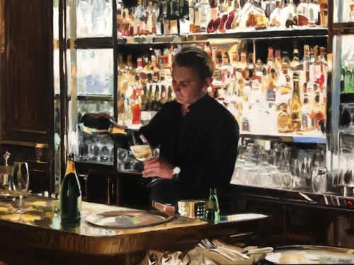 Bar 228, Paris   -    Paul Oxborough, 2018.American,b.1965-Oil on linen, 36 x 48 in.