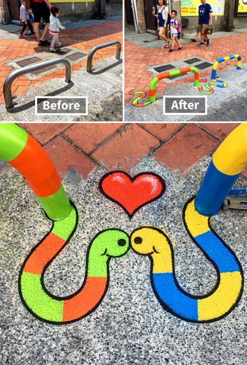 genatrius:  fluffy-critter:   edensmidian:  pr1nceshawn:    Street Art: Before & After.  I love these…..  Chaotic Good   My favorite part is that these are going to be someone’s neighborhood landmarks. “Turn left at the saxaphone player,”