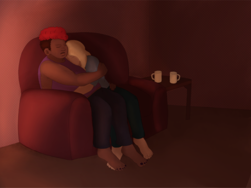 [ID: a digital drawing of Aubrey and Dani from TAZ: Amnesty sleeping together on a couch. Aubrey is 