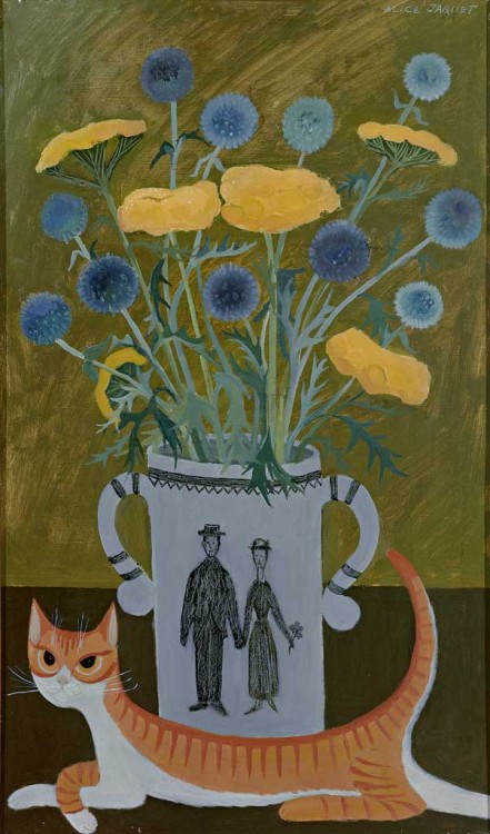 huariqueje: Lying Cat in front of a Vase with Meadow Flowers tipped Henkel vessel. - Alice Jaqueline