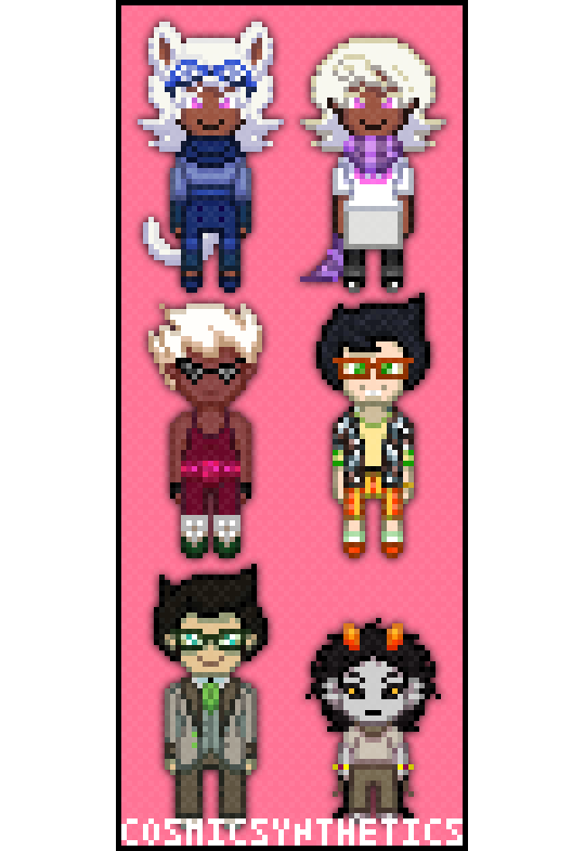 cosmicsynthetics:
“ A set of god tier Openbound sprites (and a bonus normal Roxy and tiny Meenah) for @sudrien‘s Homestuck fic series!
Here’s the other, related pixel art BG and bust set if you haven’t seen it already, primarily featuring Roxy.
♦♦♦...