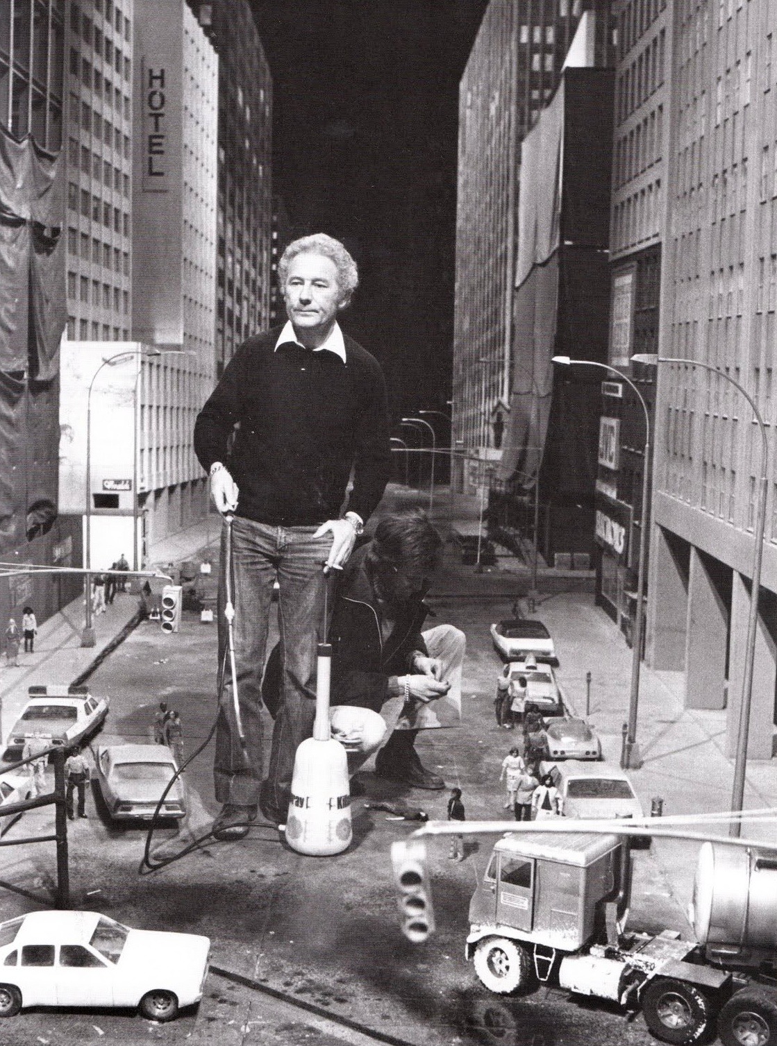 Miniature special effects master Derek Meddings works on the set of Superman 2, preparing