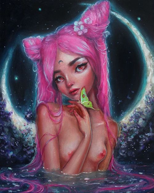 happydartist:  “Enamored”, oil on birch. Prints and original available through @artattacksf 💖 #oilpainting #popsurrealism #pinkhair #sailormoon #chibiusa 