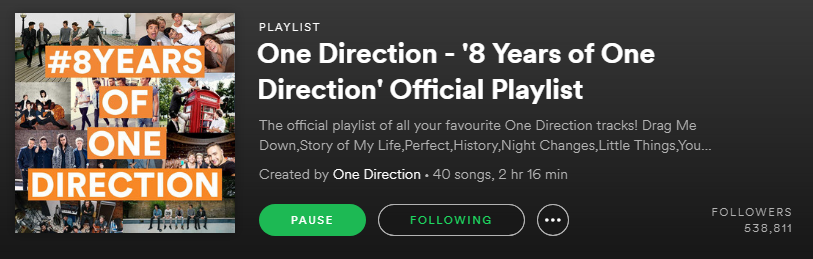 The One Direction Spotify account added a new playlist to celebrate 8 Years of One Direction.