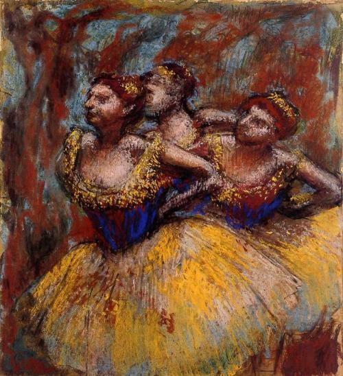 artist-degas: Three Dancers. Yellow Skirts, Blue Blouses, Edgar DegasSize: 56.5x50.8 cmMedium: paste