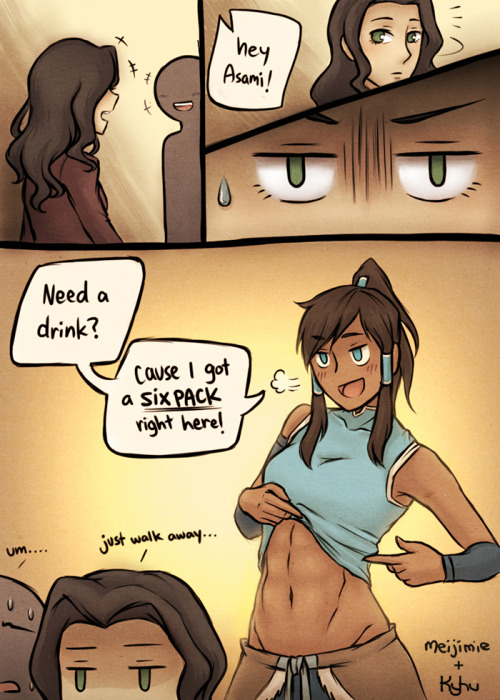 k-y-h-u:  Half of my collaboration with meijimie, part of the Korrasami collab art jam~! amazing base sketch and muscle!Korra idea by meijimie ink & colors by me  Im thirsty~ < |D’“