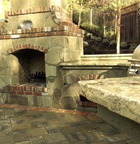 Pergola - PatioExample Of A Mid-sized Classic Backyard Concrete Paver Patio Design With A Fire Pit And