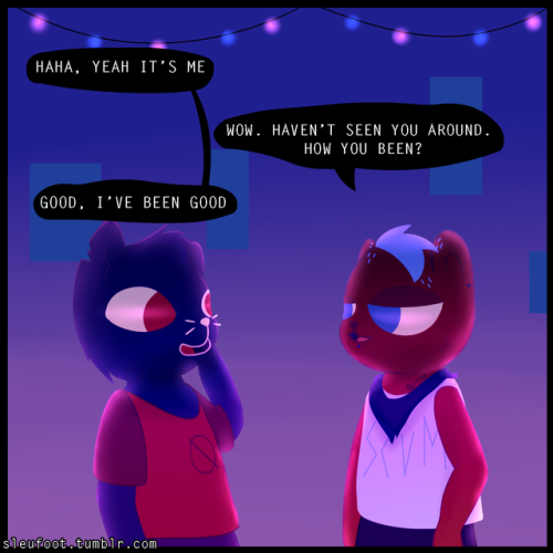 sleufoot: Mae goes back to the party to find that bombshell.  Seems to be going well so far.  - Finally a comic in my style; I didn’t think I could capture the right feel using my usual game style imitation. If you guys want I could continue this