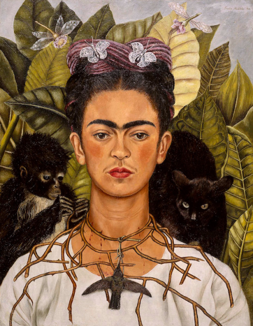 leuc:  Frida Kahlo, Self-portrait with thorn necklace and hummingbird, 1940.