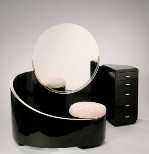 Black Lacquered and Silver Leaf  Art Deco Vanity TableDesigned by Paul Poiret, manufactured by Conte