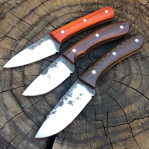 three brothers. forged Aldos 1084 with stainless steel and padauk/rosewood/wenge, all approx 3"