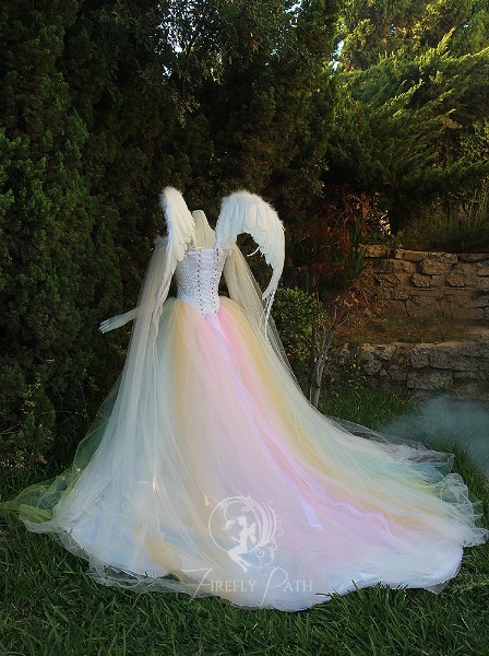 Angelic Rainbow bridal gown and wings by Firefly Path