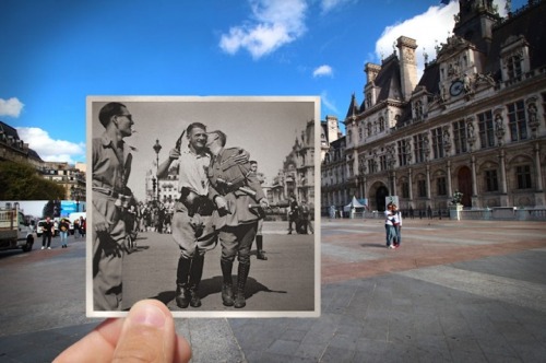 did-you-kno:  mymodernmet:Artist Fuses Vintage Photographs with Present-Day Paris to Make History Come AliveLOVE THIS. One of the coolest things I’ve ever seen!