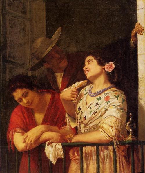 artist-cassatt:The Flirtation A Balcony in Seville, 1872, Mary CassattMedium: oil,canvashttps://www.