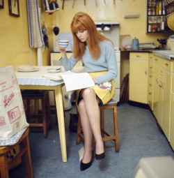 lovelyjaneasher:  english actress jane asher drinks from a cup whilst reading papers at her family home at 57 wimpole street, london, in 1966. 