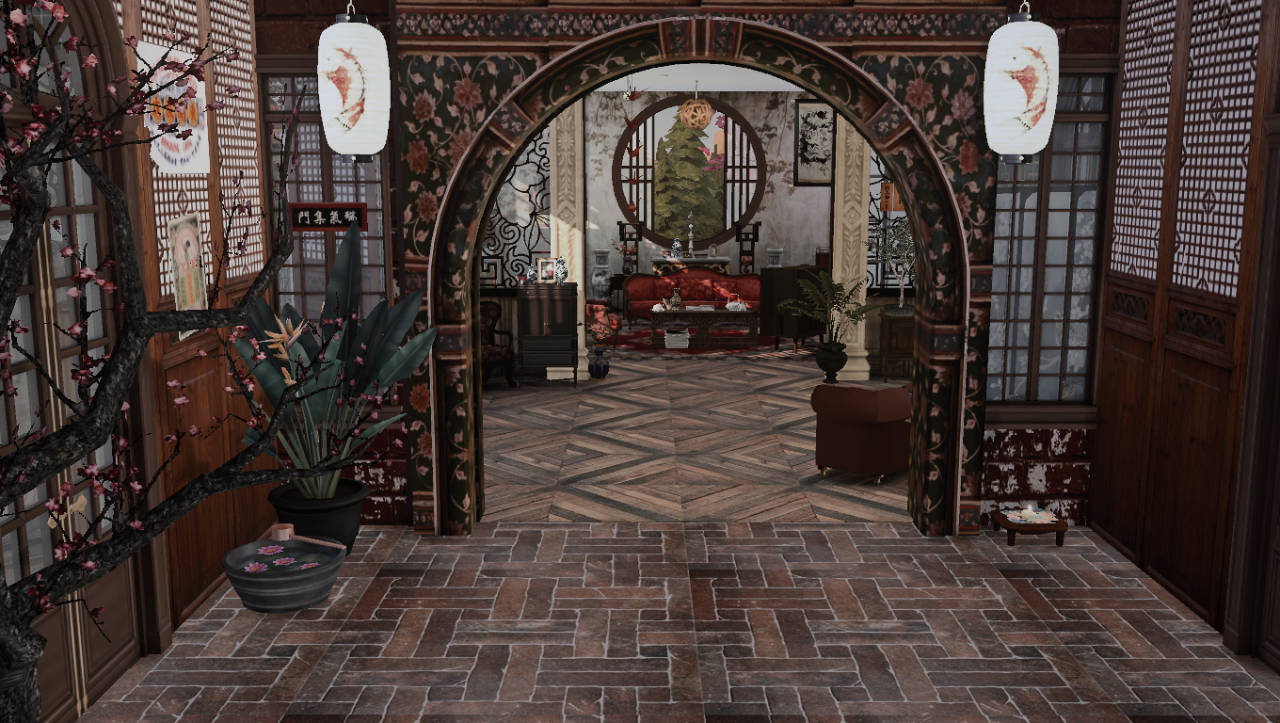 Another viewing angle of the chinese inspired lot with potted plants and traditional chinese archways in sims 4. 