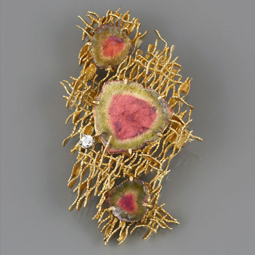 Gold, diamond, and watermelon tourmaline brooch, Alan Gard, c. 1967 (at J. Baptista)