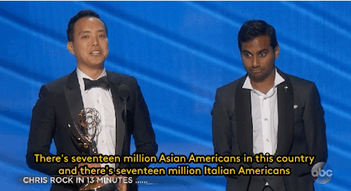 refinery29:  “Asian parents out there, if…just a couple of you get your kids cameras instead of violins, we’ll be all good.” (Read More) Diversity in media, fuck yeah. Gifs: Emmys on ABC 