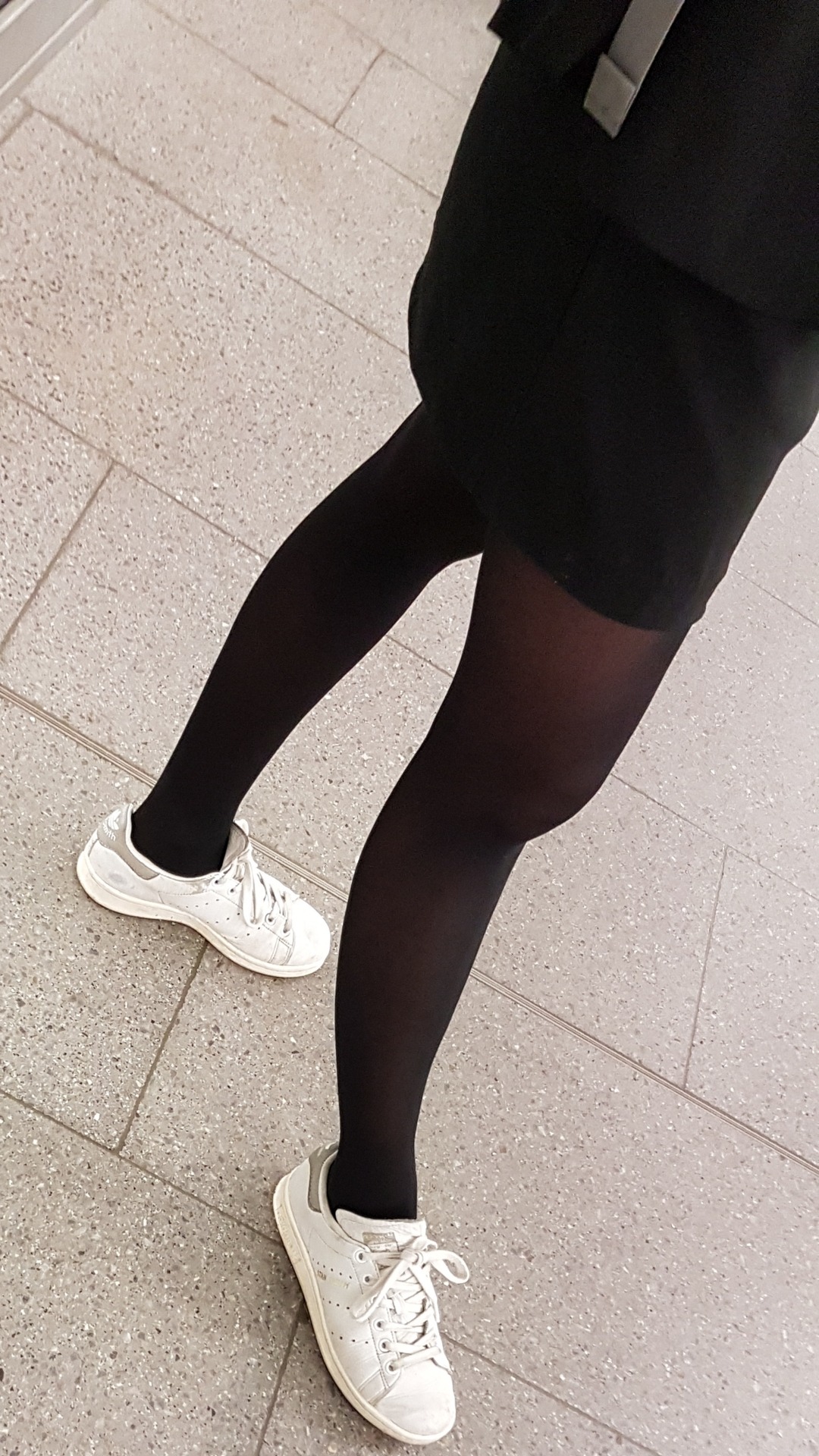 Black pantyhose and white sneakers, no socks, pantyhose feet straight ...